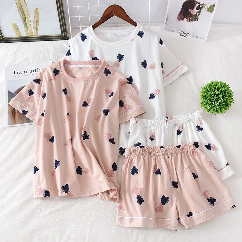 Women's 100% cotton short-sleeved shorts in summer, pajamas cartoon summer sports and leisure, two-piece suits can be worn out