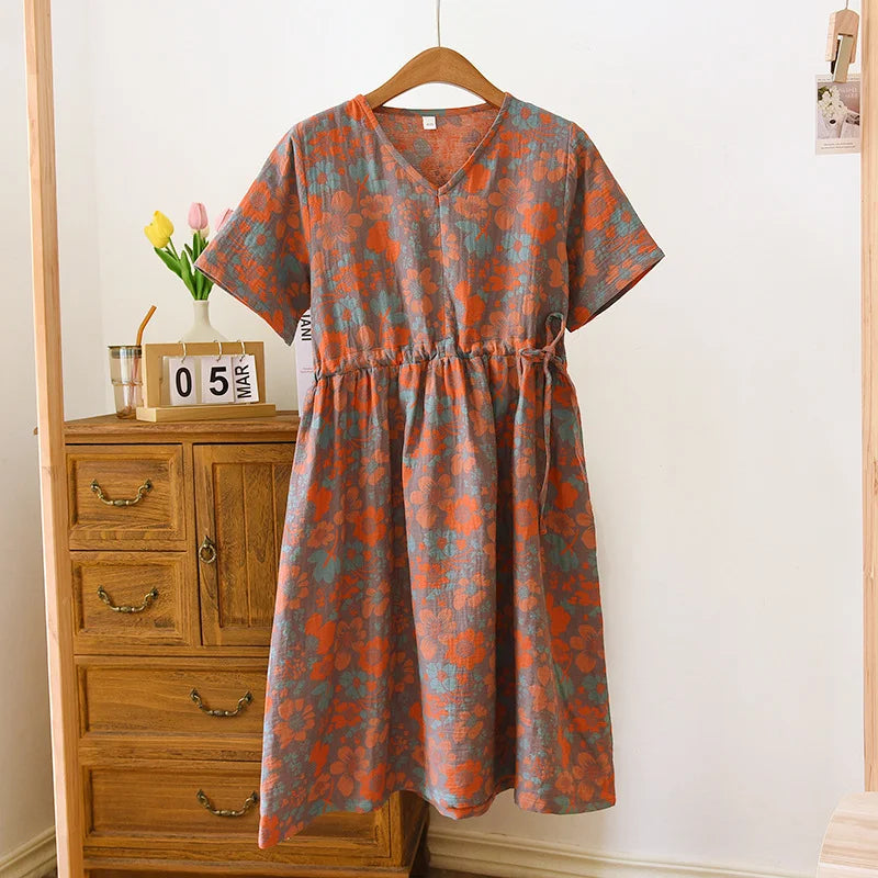 New Women's Summer Sleeping Skirt, 100% Cotton ,Short Sleeve Skirt Ladies Flower Loose Size, Home Dress Sleepwear Nightgown