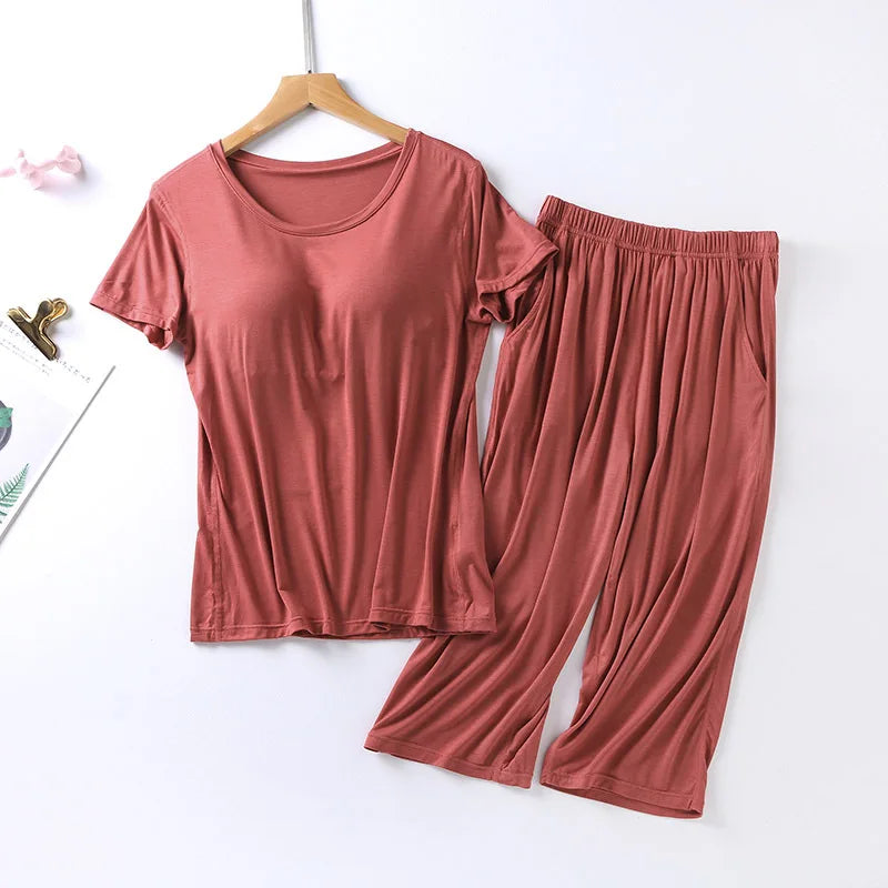 summer new ladies modal, pajamas two-piece suit with chest pad short-sleeved cropped trousers, plus size home service set