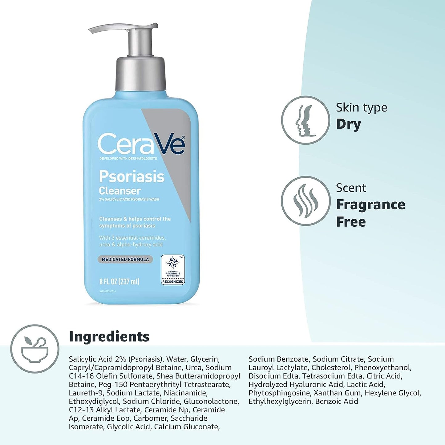 Original 237ML CeraVe Cleanser for Psoriasis Treatment|With Salicylic Acid for Dry Skin Itch Relief Latic Acid for Exfoliation