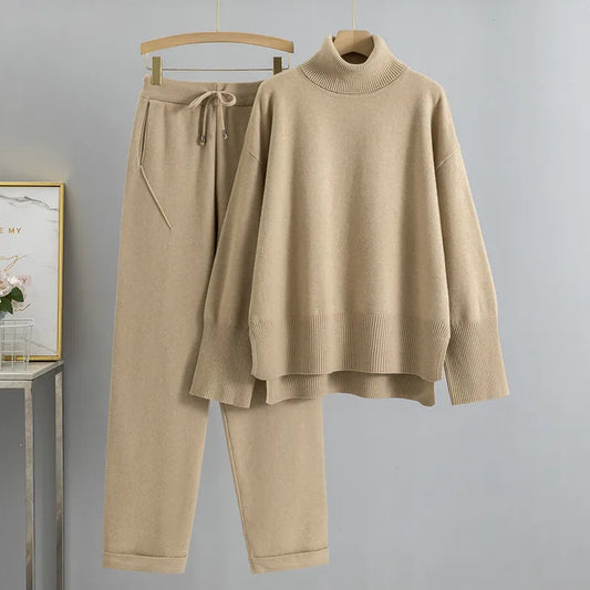 Women Turtleneck Sweater, Tracksuits 2/Two Pieces Sets Winter ,Thick Knitted Pullovers + Peg Fly Pants Suits