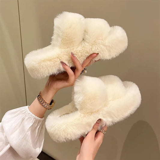 Winter shoes Women  New House Home Fur Slippers For Women Flat Platform Cozy Fuzzy Indoor Shoes