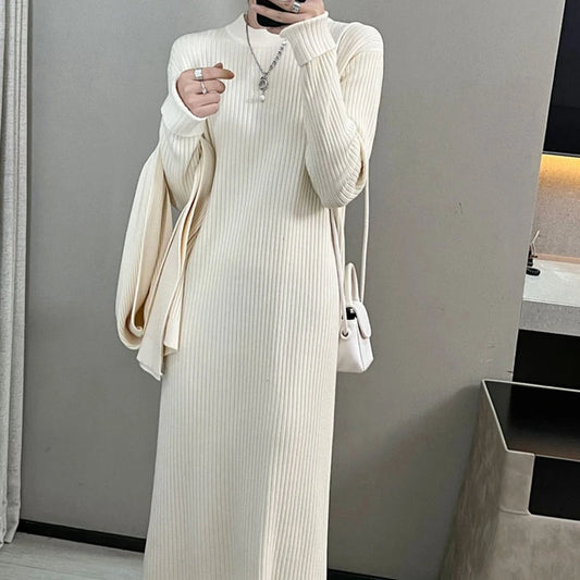 Winter Women Long Knit Dress With scarf