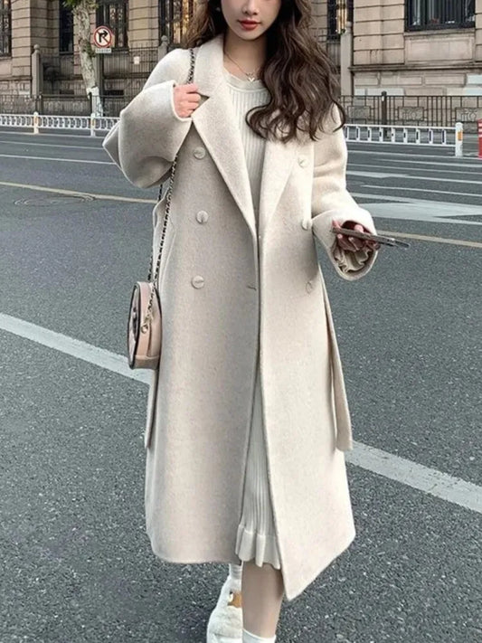 Woolen Coat Elegant  Outerwear Long Overcoat with Belted Female Warm Cloak