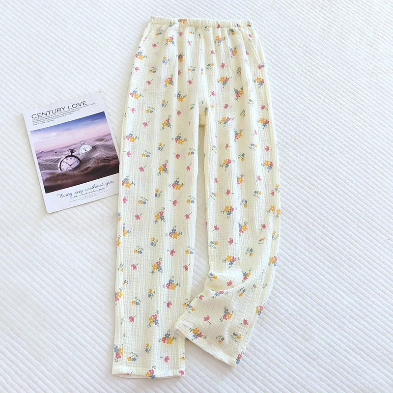 New Women's Spring/Summer Pure, Cotton Crepe Pants, 100% Cotton, Ladies Home Pants, Large Flower Casual Thin Large Size Pants