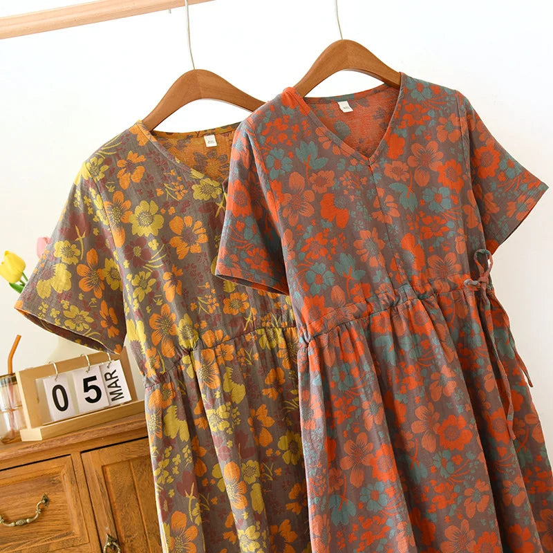 New Women's Summer Sleeping Skirt, 100% Cotton ,Short Sleeve Skirt Ladies Flower Loose Size, Home Dress Sleepwear Nightgown