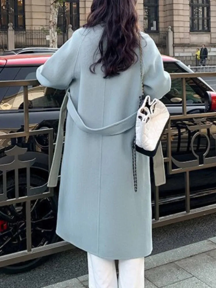 Woolen Coat Elegant  Outerwear Long Overcoat with Belted Female Warm Cloak