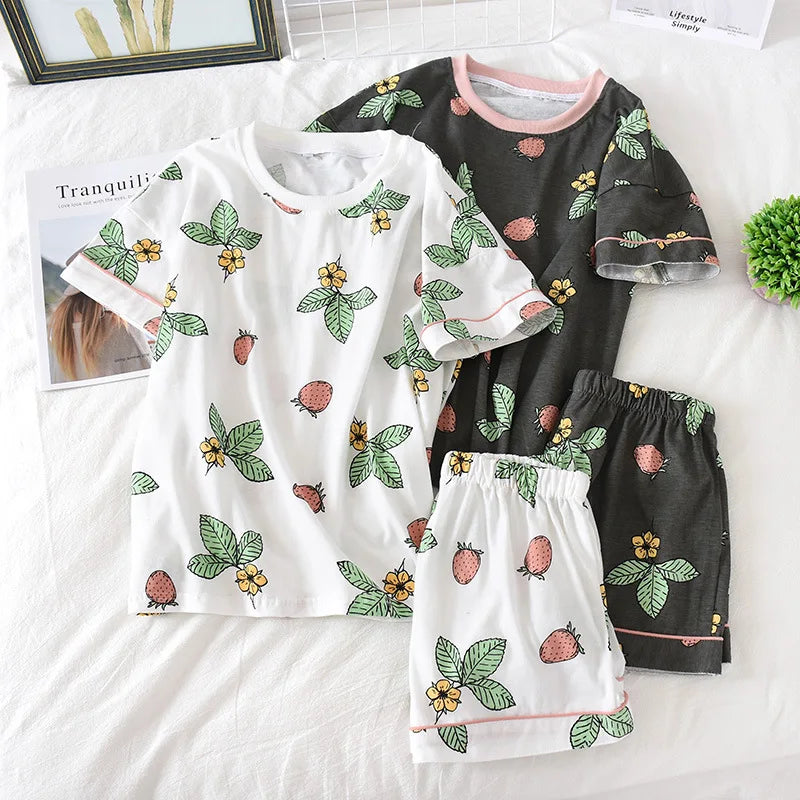 Women's 100% cotton short-sleeved shorts in summer, pajamas cartoon summer sports and leisure, two-piece suits can be worn out