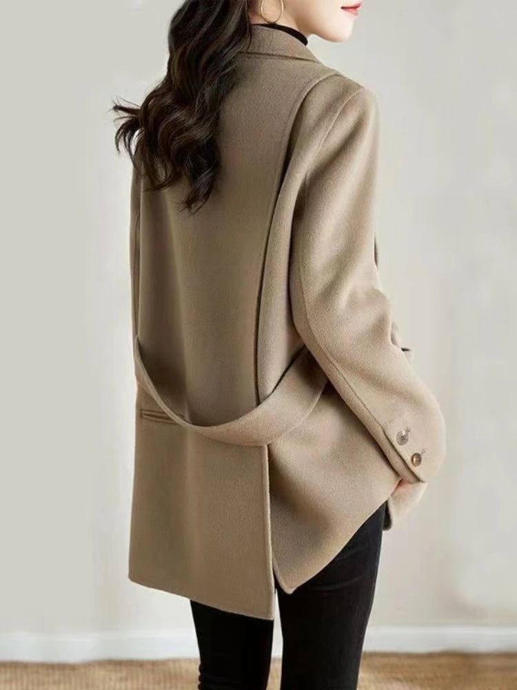 Woolen Blazer Coat Autumn Winter Baggy Casual Loose Warm  with Belted Female Fashion Chic Tops Clothes