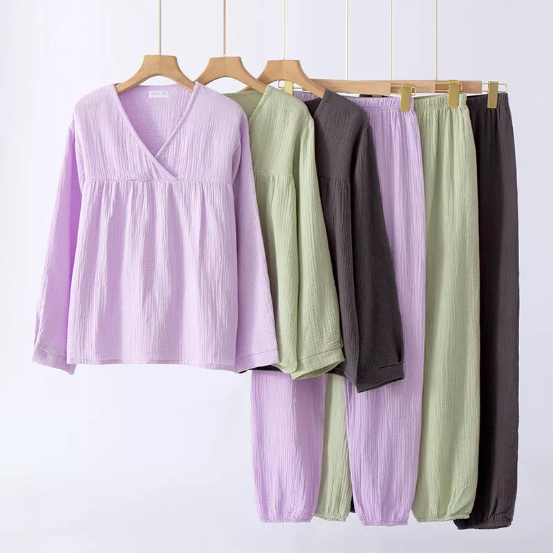 New spring and autumn ladies pajamas, long sleeve trousers ,two-piece set 100% cotton crepe V-neck ,pajamas set home wear sleepwear