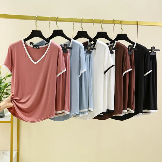 summer new women's pajama suit, Modal V-neck short-sleeved shorts ,two-piece thin loose large size home casual wear sleepwear