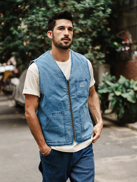 New Vintage Denim Men's Sleeveless Outdoors Vest Jacket Fishing Cargo Coats