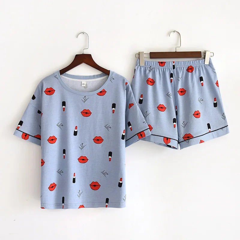 Women's 100% cotton short-sleeved shorts in summer, pajamas cartoon summer sports and leisure, two-piece suits can be worn out