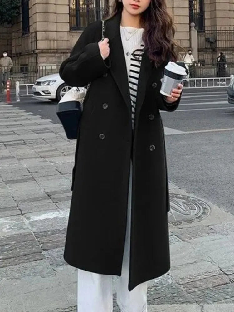 Woolen Coat Elegant  Outerwear Long Overcoat with Belted Female Warm Cloak