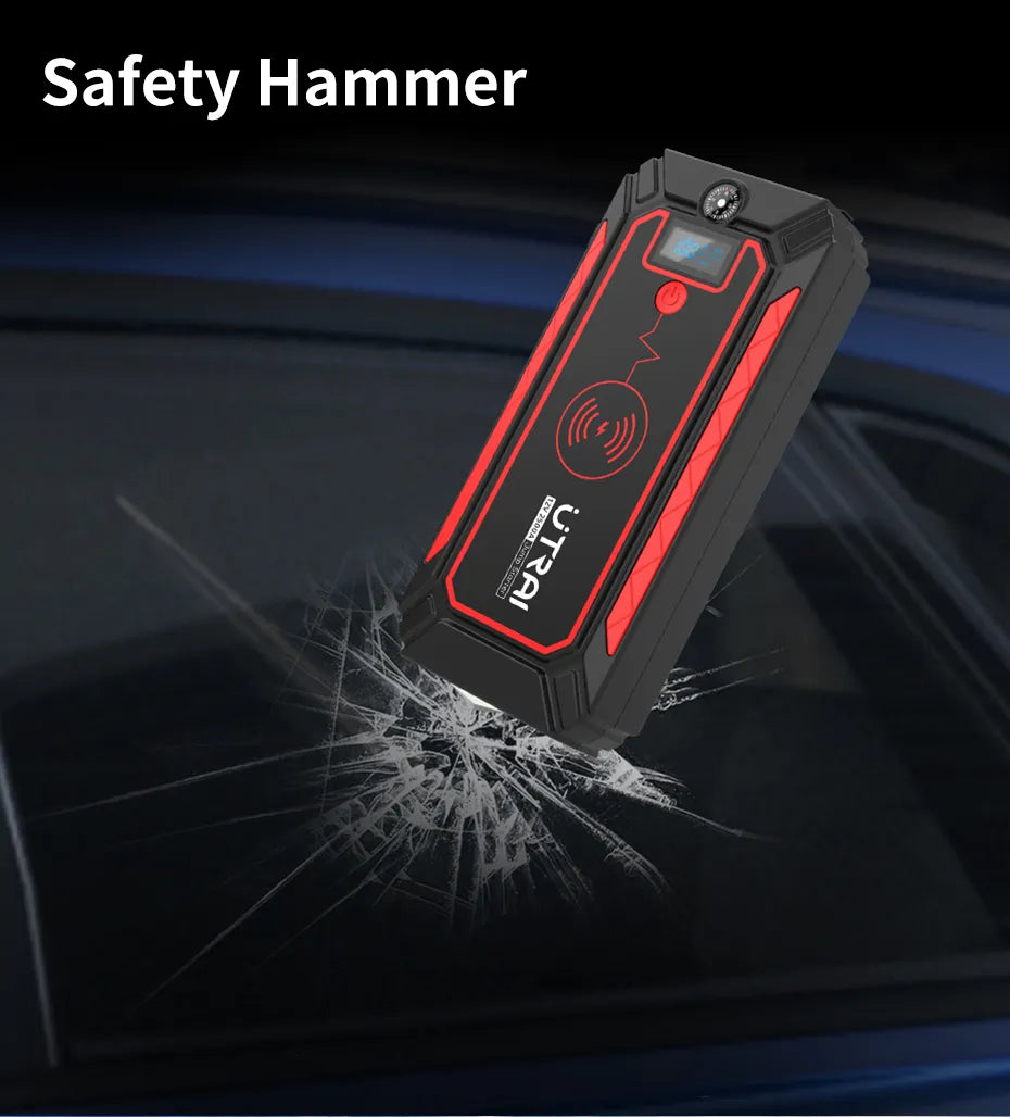 Starter Power, Bank Battery Portable ,Charger 10W Wireless Charging ,LCD Screen Safety Hammer, Car Starting Device