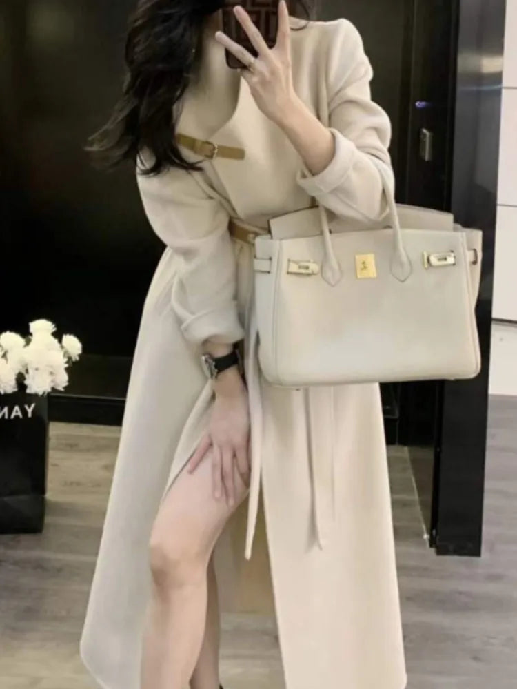 Winter Women Elegant Coat Fashion New Vintage  Outerwear Jackets with Belted Female