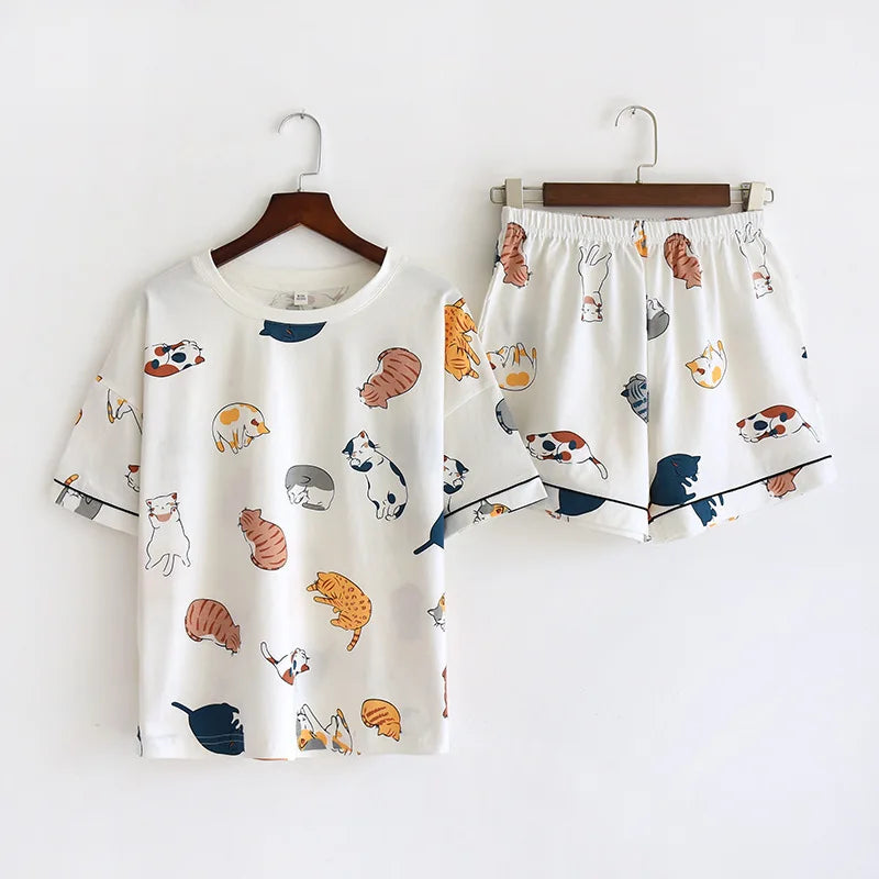 Women's 100% cotton short-sleeved shorts in summer, pajamas cartoon summer sports and leisure, two-piece suits can be worn out