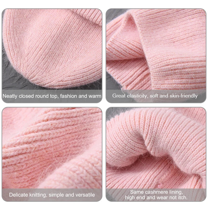 Women's Hat Real Rabbit Fur, Beanie Ladies Autumn Winter ,Cashmere Hats ,Three Fold Thick Knitted,Girls Skullies Beanies Cap