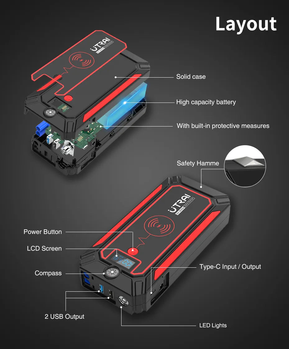 Starter Power, Bank Battery Portable ,Charger 10W Wireless Charging ,LCD Screen Safety Hammer, Car Starting Device