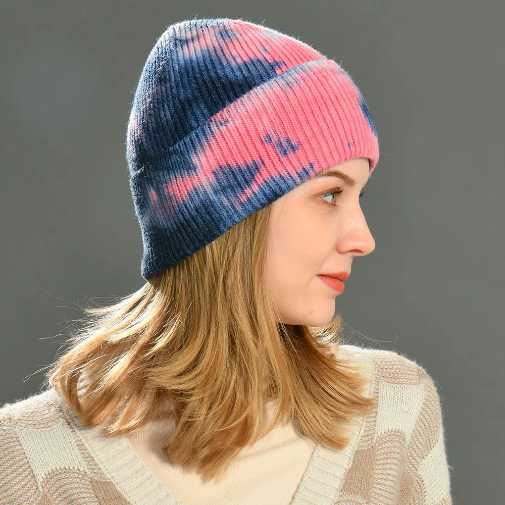 Women's Winter ,Acrylic Beanie ,Hat Fashion Tie-dye Design ,High Elasticity Autumn ,Warm Bonnet Female