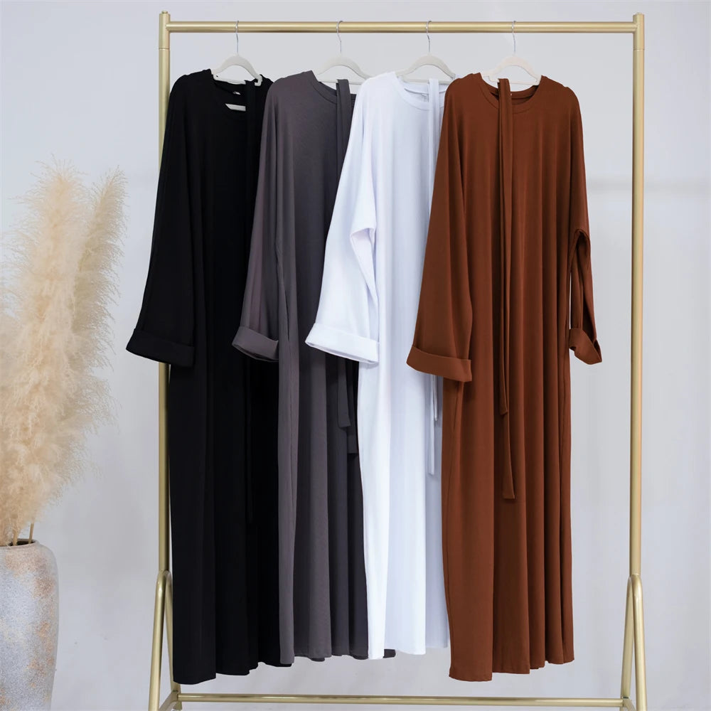 RETAL STYLE Muslim Fashion turkey Hijab Dress Autumn Winter Ribbed Solid