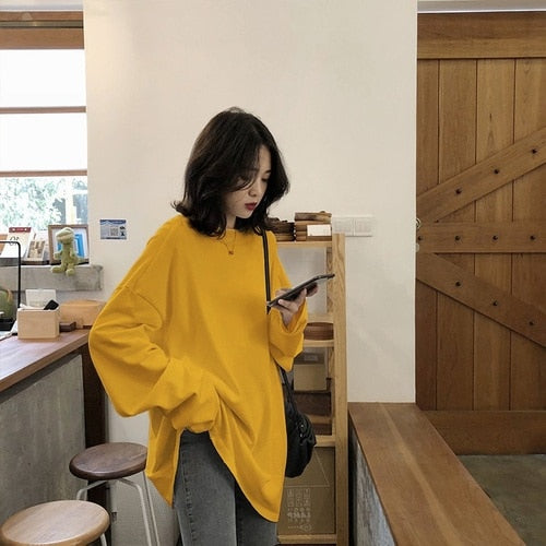 spring autumn Solid Simple oversized  T-shirts Women