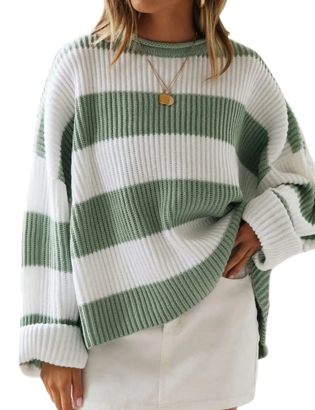 Sweater Winter Autumn Loose Long Sleeve Tops O-Neck Jumpers Striped Casual Knitted Pullover for Women