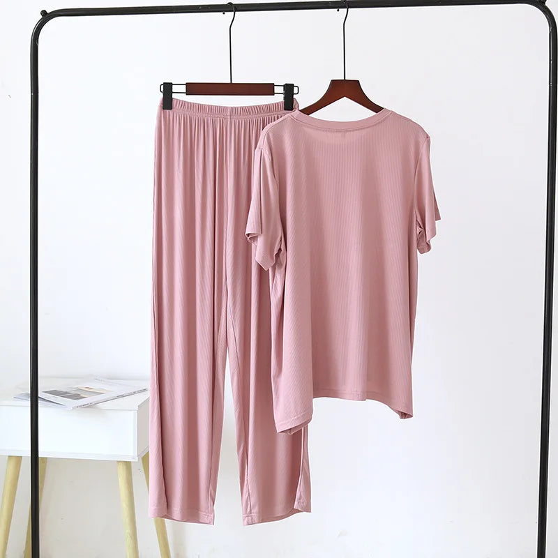 Spring and summer, new ladies pajamas short sleeves + trousers two-piece modal thin ,loose large size solid color home wear suit