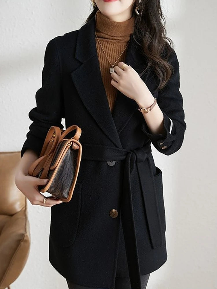 Woolen Blazer Coat Autumn Winter Baggy Casual Loose Warm  with Belted Female Fashion Chic Tops Clothes