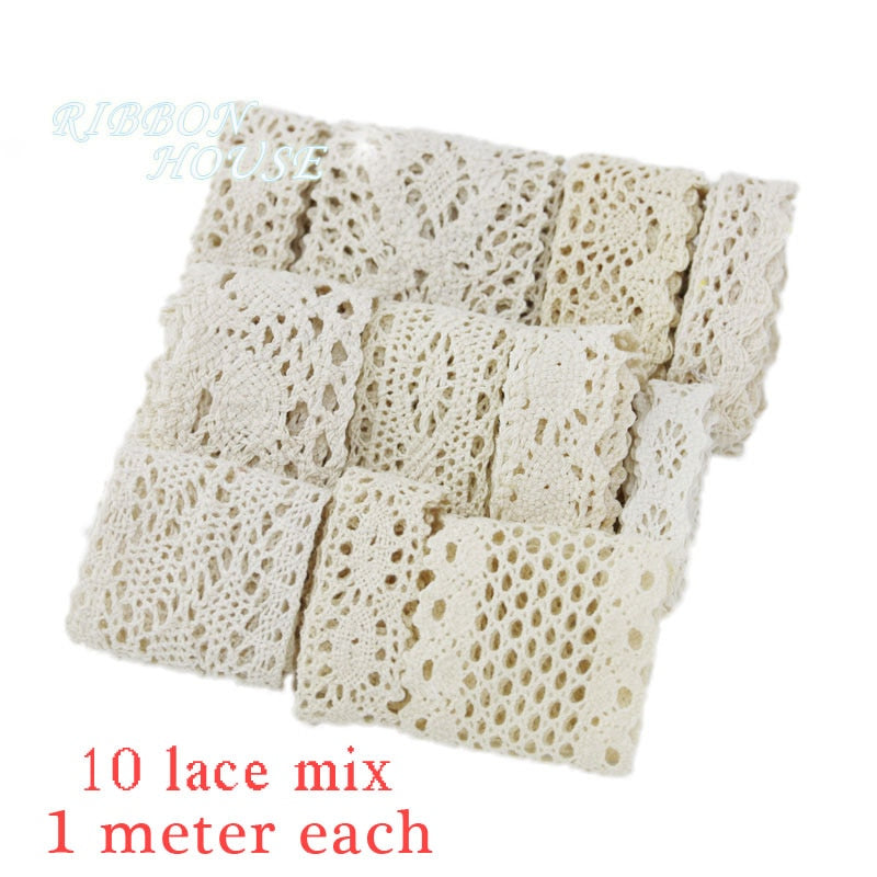 White Beige Cotton Embroidered Lace Net Ribbons Fabric