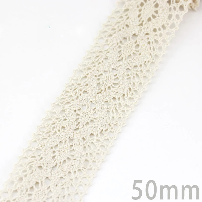 White Beige Cotton Embroidered Lace Net Ribbons Fabric