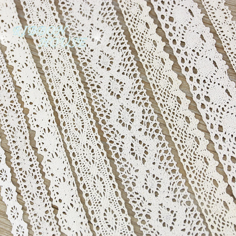 White Beige Cotton Embroidered Lace Net Ribbons Fabric