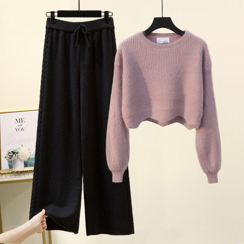 Set of Two Fashion Pieces for Women Long Sleeve PrintingAll-match Knitted High Waist Wide-leg Pants Women