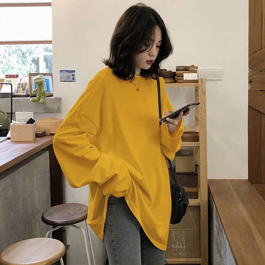 spring autumn Solid Simple oversized  T-shirts Women