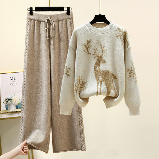 Set of Two Fashion Pieces for Women Long Sleeve PrintingAll-match Knitted High Waist Wide-leg Pants Women