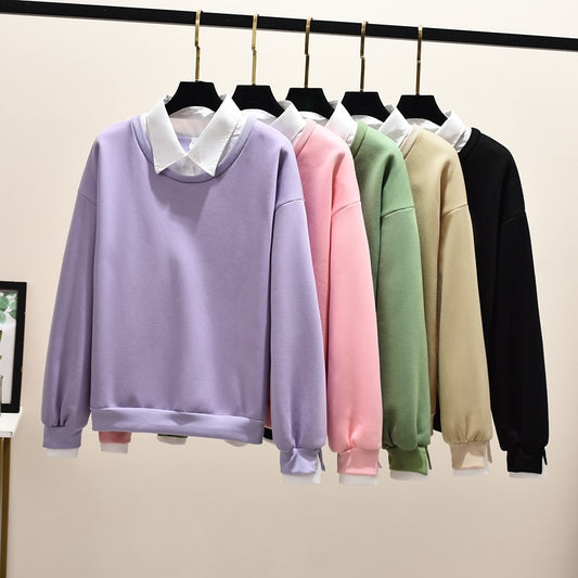 Women oversized two piece fleece korean style pullovers casual  pullovers solid winter clothes