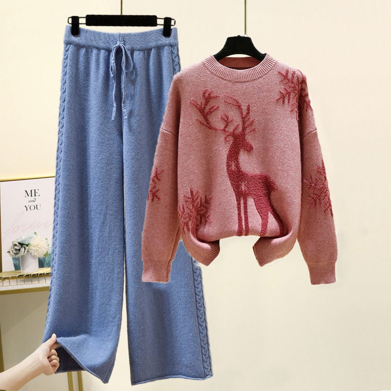 Set of Two Fashion Pieces for Women Long Sleeve PrintingAll-match Knitted High Waist Wide-leg Pants Women