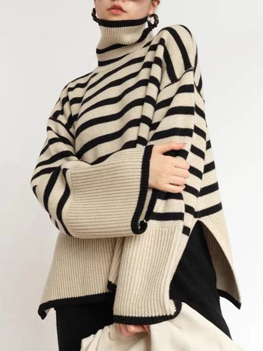 Women High Collar Striped Sweatshirts Autumn Winter Fashion Loose Design Oversized Knitted Pullover Pullover Sweater