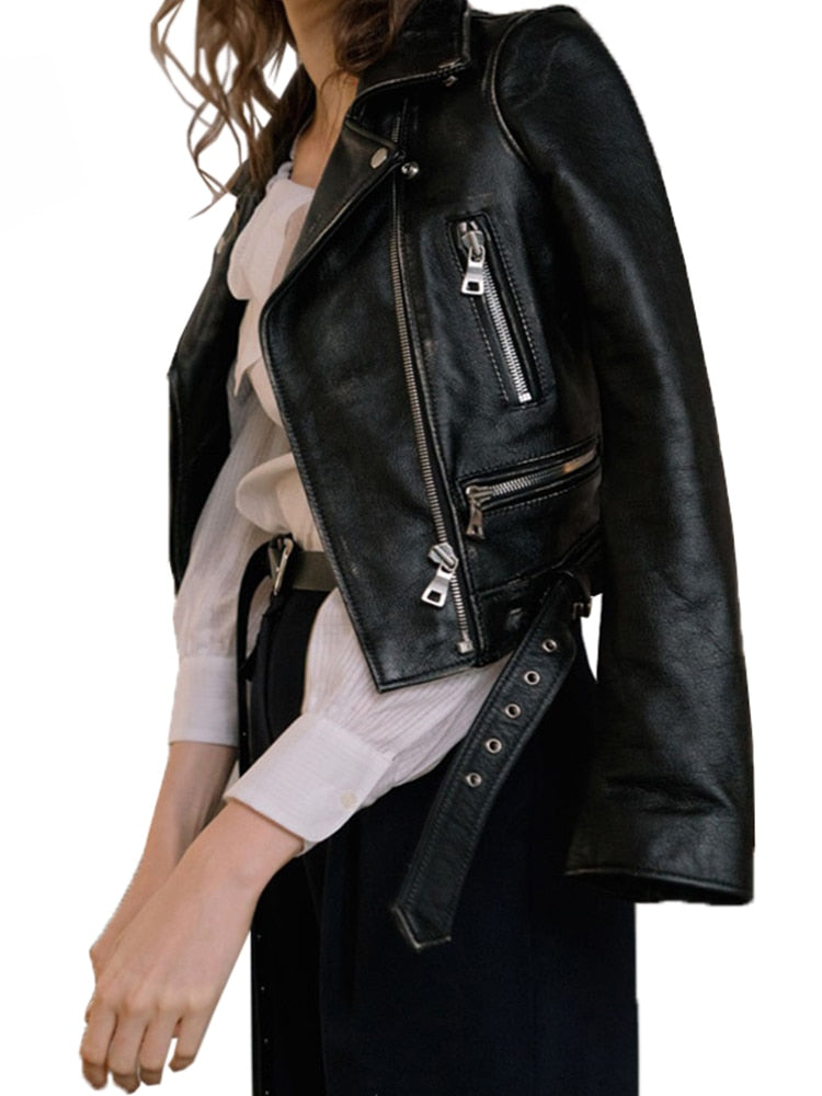 New Women Autumn Winter Black Faux Leather  Coat Jacket With Belt