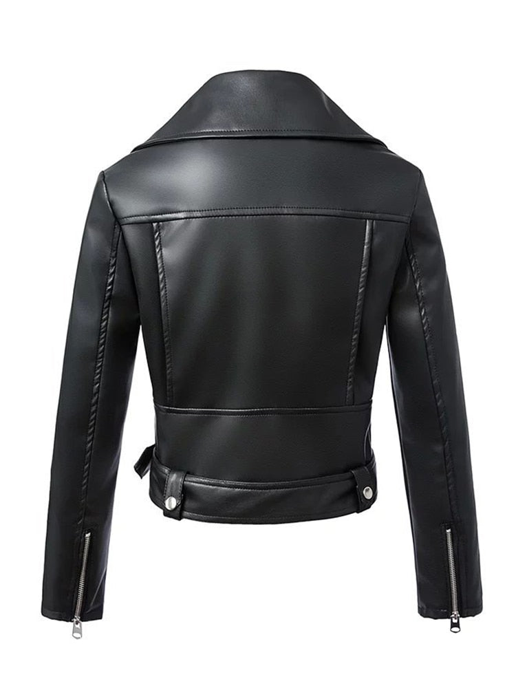 New Women Autumn Winter Black Faux Leather  Coat Jacket With Belt