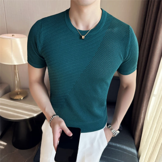 Men's Summer  T-shirt/Male Ice Silk Hollow Out Round Neck T-shirt S-3XL