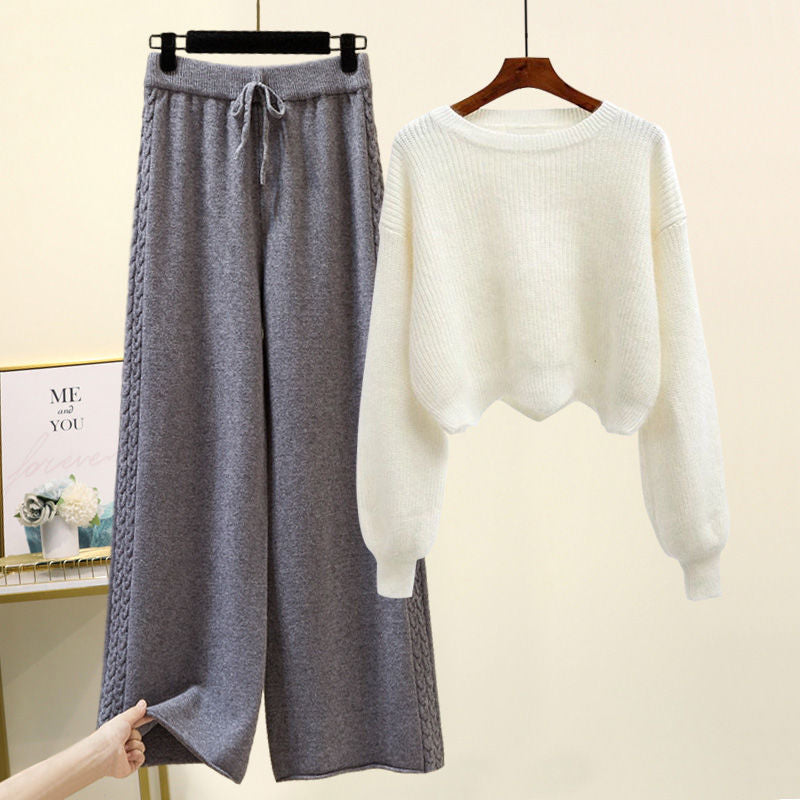 Set of Two Fashion Pieces for Women Long Sleeve PrintingAll-match Knitted High Waist Wide-leg Pants Women