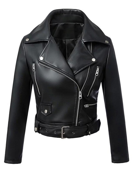 New Women Autumn Winter Black Faux Leather  Coat Jacket With Belt