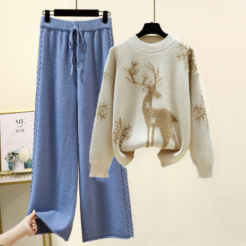 Set of Two Fashion Pieces for Women Long Sleeve PrintingAll-match Knitted High Waist Wide-leg Pants Women