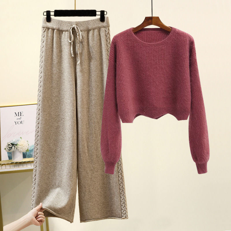 Set of Two Fashion Pieces for Women Long Sleeve PrintingAll-match Knitted High Waist Wide-leg Pants Women