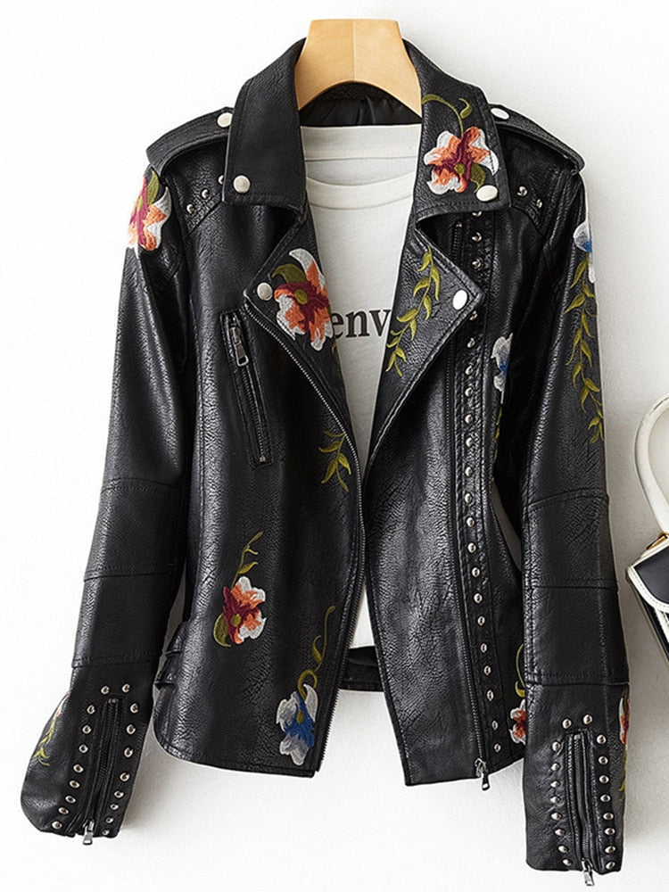 New Women Retro Floral Print Embroidery Faux Soft Leather Jacket Coat