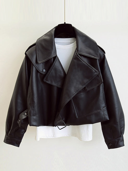 New Spring Women Leather Jacket Collar Loose