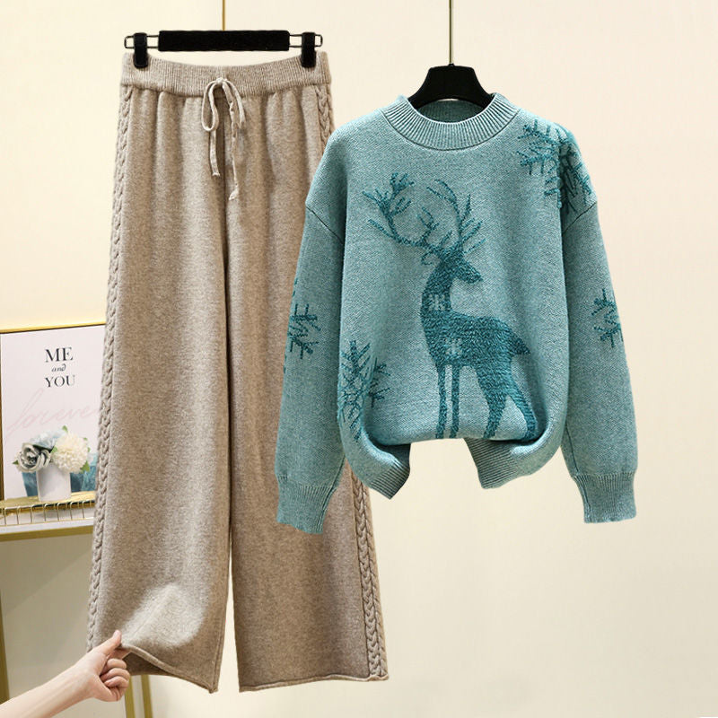 Set of Two Fashion Pieces for Women Long Sleeve PrintingAll-match Knitted High Waist Wide-leg Pants Women