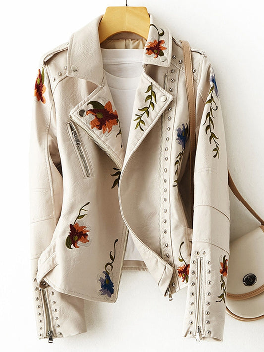 New Women Retro Floral Print Embroidery Faux Soft Leather Jacket Coat