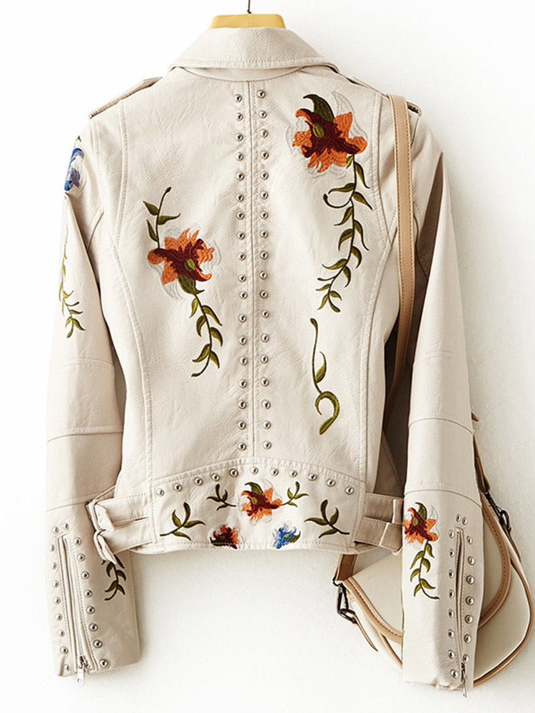 New Women Retro Floral Print Embroidery Faux Soft Leather Jacket Coat